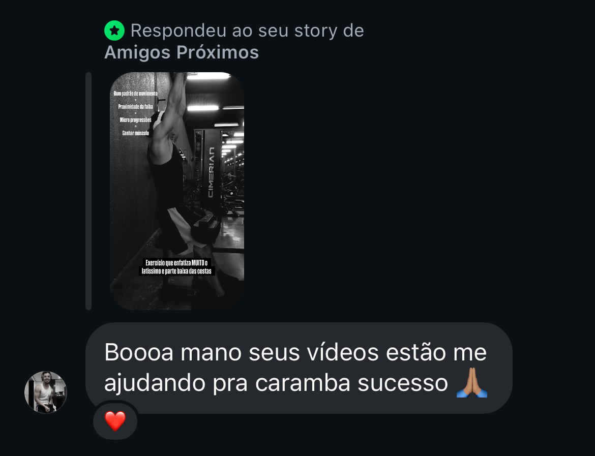 Print de resposta ao story do Close Friends agradecendo os vídeos